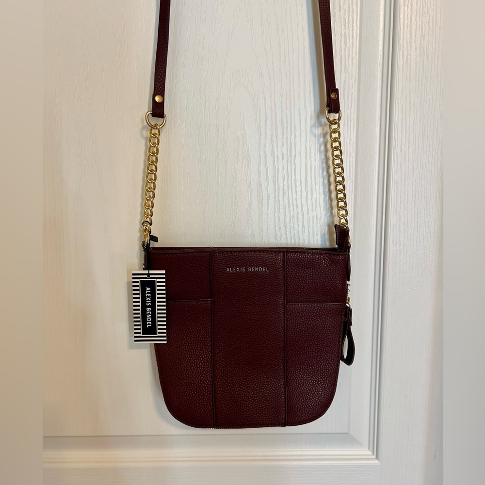Alexis Bendel Dark Brown Expandable Crossbody Bag with Gold Chains New